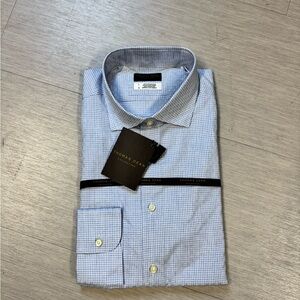 Thomas Dean Light Blue Checkered Dress Shirt